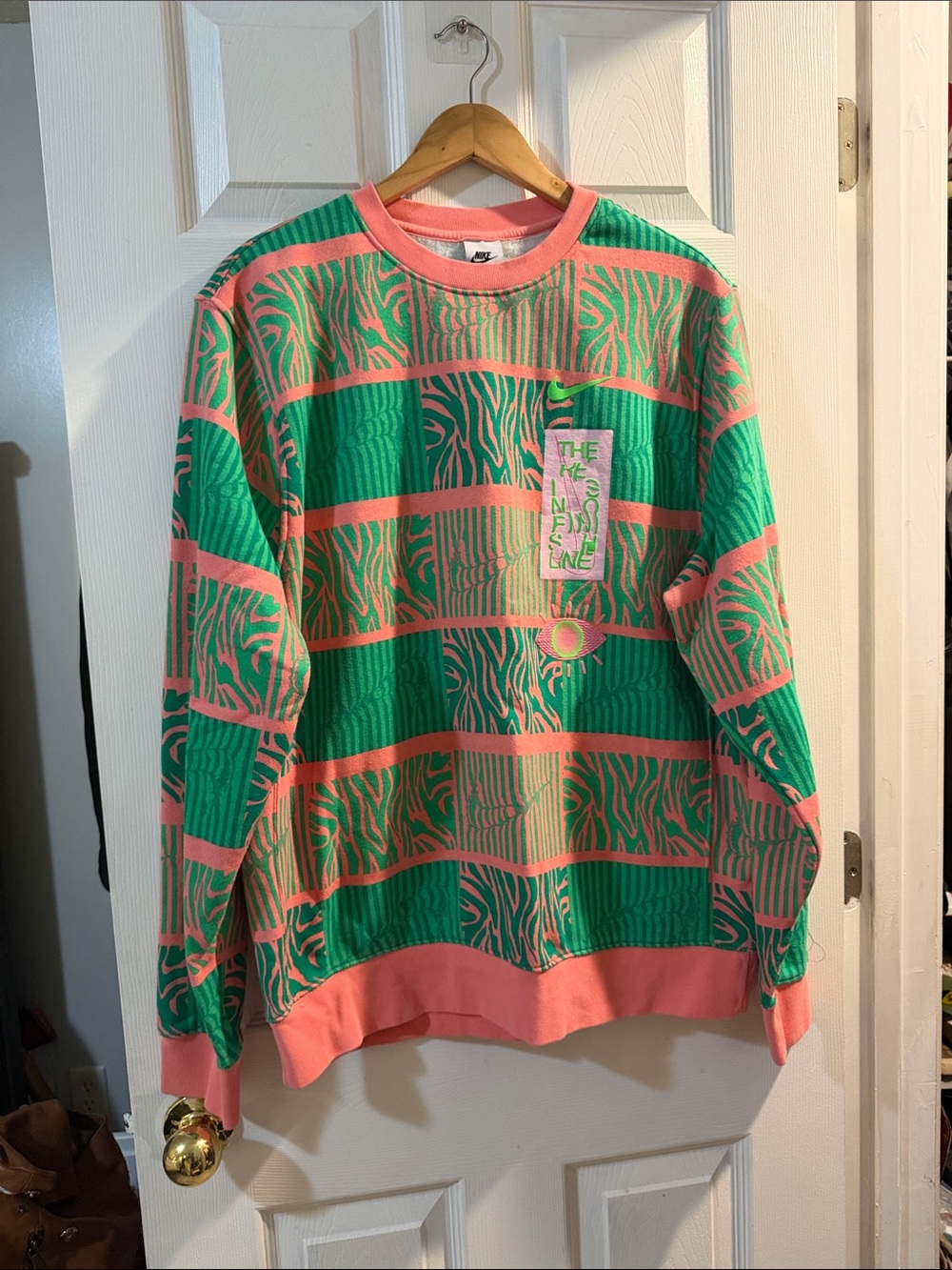 Nike Men’s Crewneck Sweater in Green & Pink Zebra Grid